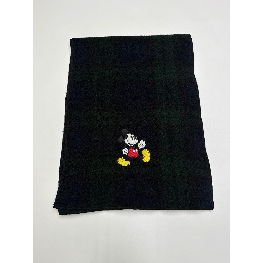 Disney Mickey Mouse Plaid Fleece Scarf‎ Black Green Embroidered Winter Warm